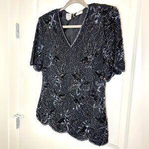 Stenay Vintage black sequin sheer beaded shirt, sz Small, vintage glam 80s top